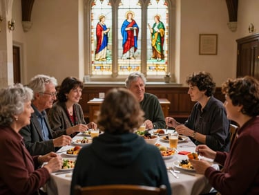 A community gathering in a warm parish hall, people talking and sharing food, natural lighting, joyful mood