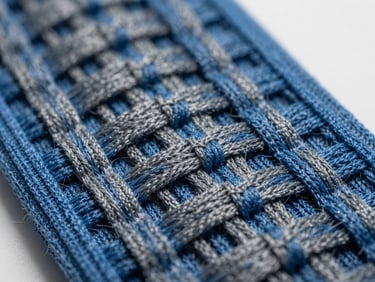 An extreme macro close-up of a high-tension orthopedic compression knit weave, highlighting the precise interlocking blue and grey synthetic fibers under bright clinical light.