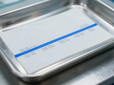 Macro shot of a sterile surgical tray seal, showcasing the clean blue indicator line and technical labeling, under bright clinical studio lighting.