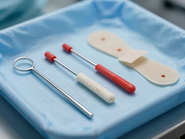 Extreme macro shot of sterile surgical sutures and advanced wound closure implants on a sterile blue tray, bright clinical lighting