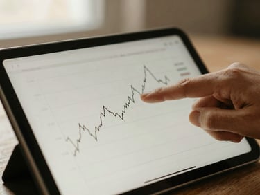 A hand pointing to a clear, simplified financial chart on a tablet screen, natural light, warm editorial photography style, muted earth tones.