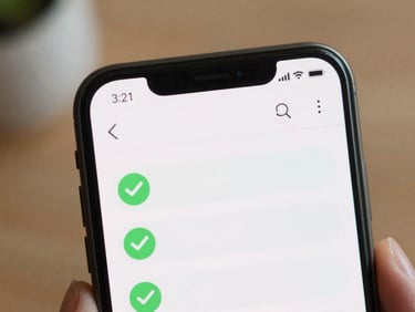 Close-up of a smartphone screen displaying a survey interface with green checkmarks, natural indoor lighting, 35mm