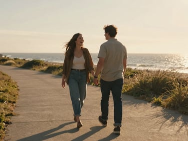 Intimate wide-angle shot of a couple on a sun-drenched coastal path, the woman mid-laugh turning toward her partner, golden late-afternoon light behind them, blurred sea and grasses in background, candid and unposed