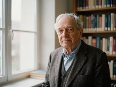 Dignified portrait of an elderly Lithuanian academic in a library, soft window light, warm editorial look, 35mm film style