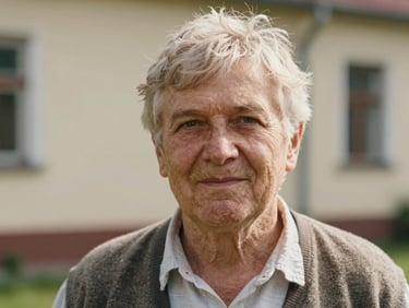 Dignified portrait of a gentle Lithuanian community figure, warm natural light, authentic expression, editorial style