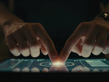 Cinematic close-up of hands interacting with a holographic interface, low-key lighting, deep charcoal and subtle green accents.