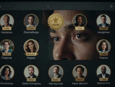 A discerning eye examining a digital interface displaying creator profiles, with a focus on trust badges and engagement metrics, low-key lighting, cinematic close-up