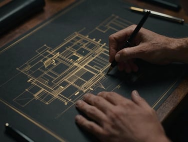 Professional hands sketching a complex architectural blueprint on a dark table, with subtle gold lines, low-key lighting, cinematic close-up