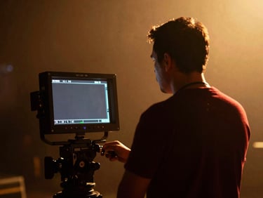 Low-key, high-contrast behind-the-scenes shot of a director looking at an anamorphic monitor on a hazy film set, gold lighting.