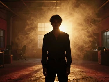 Moody editorial portrait of an artist silhouetted against a strong golden-hour backlight in a smoky warehouse.