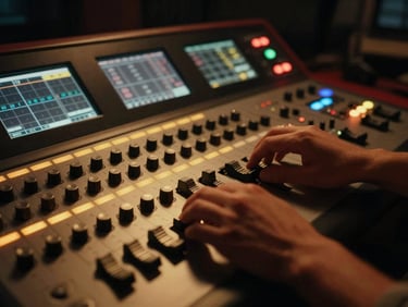 Close-up of hands adjusting dials on a professional color grading console in a dark, dimly lit editing suite with a glowing screen.