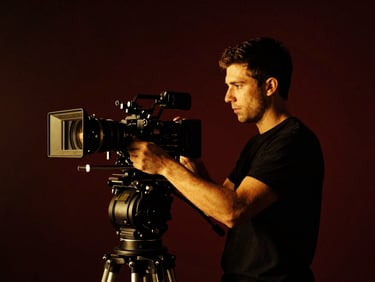 High-contrast black and white portrait of a cinematographer adjusting a camera rig, dramatic side lighting, dark moody background, rich shadows