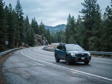 Crisp editorial photograph of a modern SUV driving along a pine-lined Spokane highway under natural overcast Pacific Northwest daylight, cool blue tones