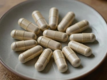 Close-up overhead of small mineral supplement capsules arranged on a warm grey ceramic plate, north-facing daylight, shallow depth of field on capsule edges