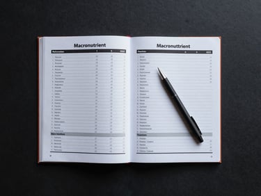 Overhead flat-lay of a printed macronutrient reference guide open on a dark matte desk, a mechanical pencil resting on the page, studio daylight from above, no text readable