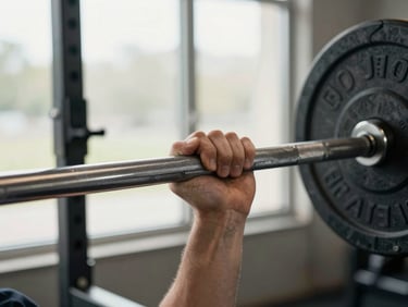 Detail shot of a male hand gripping a barbell knurling at a squat rack, north-facing gym window light, focus on hand position and bar texture, no face visible