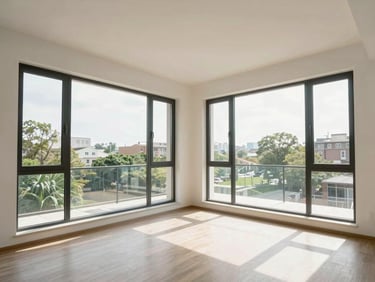 Wide-angle interior shot of a two-bedroom residential layout, floor-to-ceiling windows, bright flat daylight.