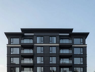 Straight-on architectural shot of a modern residential exterior facade, deep charcoal cladding against a clear sky.