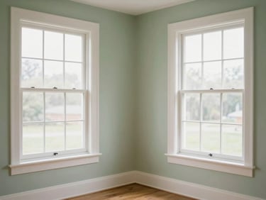 Empty, sunlit bedroom with freshly cleaned windows and polished baseboards, subtle regional details, shallow depth of field.