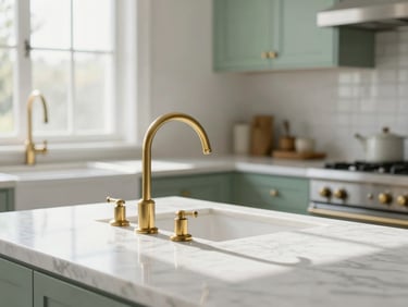 Sparkling clean kitchen with polished marble countertops and brass fixtures, soft shadows from window light, shallow depth of field.