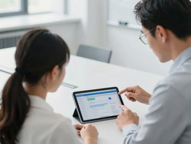 Close-up of a teacher and student collaborating in a modern, clean classroom, focused on a tablet displaying educational data, bright natural daylight, neutral cool tones, sharp focus, 35mm.