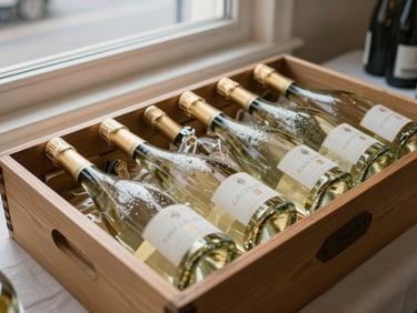 Wide shot of sparkling wine bottles laid in a wooden case on a market table, even north-facing window light, condensation faintly visible on glass, neutral linen background, no people