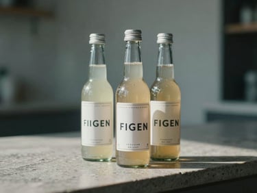 Tight shot of three non-alcoholic beverage bottles arranged on a bare stone counter, cool directional daylight from the left, clean labels facing forward, minimal background, no glass or liquid poured