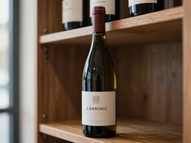 Close-up of a still wine bottle standing upright on a wooden distributor shelf, directional daylight from the left, label detail visible, background shelving softly out of focus, even cool-toned light
