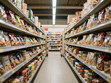 Wide environmental shot looking down a specialty food market aisle, shelves lined with premium packaged products on both sides, even overhead daylight, no people visible, perspective lines drawing toward far end of the aisle
