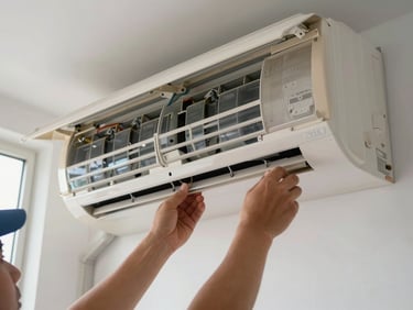 Close-up of a technician's hands removing the front panel of a split AC unit mounted on a white wall, natural light from a nearby window, refrigerant lines visible, no staging