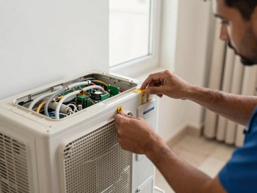 Technician's hands removing an AC unit front panel in a Bahraini living room, natural window light, refrigerant lines and circuit board visible