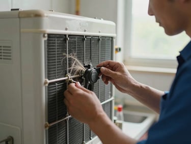 Close-up of a technician inspecting refrigerator condenser coils at the back of a unit in a real kitchen, daylight from a nearby window, dust and wear visible
