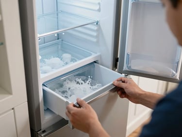 Technician pulling the bottom drawer of a side-by-side refrigerator in a home kitchen, natural daylight from a doorway, ice buildup visible inside the freezer compartment, no studio lighting