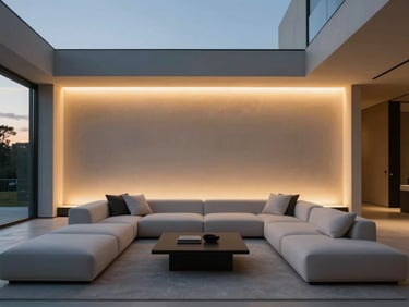 Minimalist modern living room at twilight, soft hidden LED strip lighting casting a warm gold glow, sleek architectural lines, high-end integration.