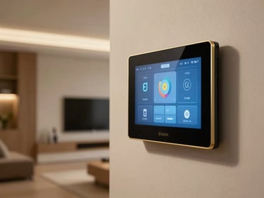 Sleek wall-mounted touchscreen controller displaying smart home interface inside a modern architectural space, warm ambient lighting, elegant gold details.