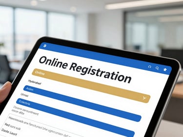 Close-up of a digital tablet showing an online registration form, with a blurred background of a Hyderabad office, bright natural daylight, clean royal blue and gold accents, professional editorial, 35mm