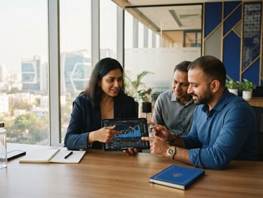 Modern, bright office environment in Hyderabad, business professionals collaborating over a tablet with financial charts, warm natural daylight, royal blue and gold accents, 35mm