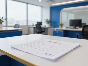 Modern office interior with a focus on business registration documents on a desk, bright natural daylight, clean royal blue and gold accents, professional editorial, 35mm