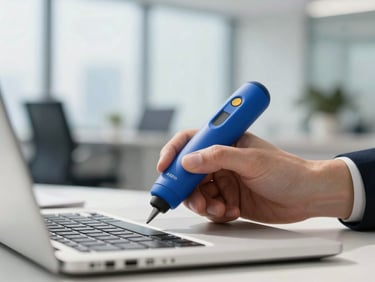 Close-up of a hand using a digital signature device on a laptop, with a blurred background of a corporate office, bright natural daylight, clean royal blue and gold accents, professional editorial, 35mm