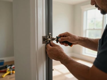 Close environmental shot of a handyman repairing a door hinge on a GTA home interior, tools visible on floor, natural window light, finished wall in background
