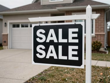 Real estate for-sale sign being installed on a stake in front of a Mississauga property, driveway and house facade visible, overcast natural light, no people