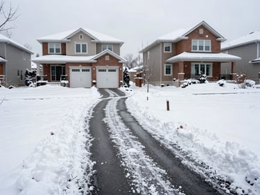 Snow cleared from a Brampton residential driveway and walkway, salt spread visible on path, house exterior in background, winter overcast daylight