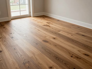 Wide shot of new hardwood flooring installation in a GTA living room, floor transition strip visible at doorway, natural daylight from window, no people