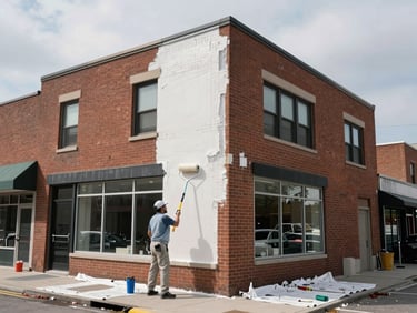 Exterior of a Toronto commercial property being painted, roller on brick facade visible, drop cloths on ground, flat overcast daylight, storefront context
