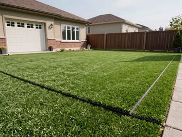 Wide shot of freshly installed artificial turf on a Brampton residential backyard, turf seam detail visible in foreground, house exterior and fence in background, clear daylight