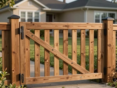 Repaired wooden fence gate on a Vaughan residential property, post hardware visible, yard and house in background, natural afternoon light, no people