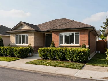 Oakville residential front yard with freshly trimmed hedges, clean driveway edge, and tidy exterior — wide shot showing full property frontage under flat daylight