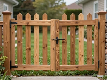 Finished wooden fence gate on a Brampton residential property, straight post alignment, latch hardware visible, green lawn in background, natural daylight