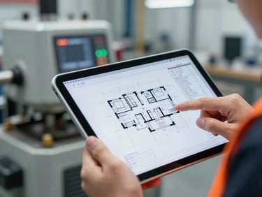 Close-up of an engineer reviewing CAD drawings on a tablet, with industrial machinery blueprints in the background, high-contrast industrial workshop lighting, crisp focus, 35mm