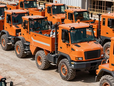 Wide shot of heavy utility vehicles on a construction site, deep charcoal and high-visibility amber/orange tones, bright natural daylight, 35mm, industrial utility photography.